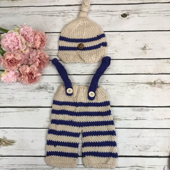 Newborn Baby Hand Knit Blue & Khaki Outfit Photography Prop - Picture 4 of 11